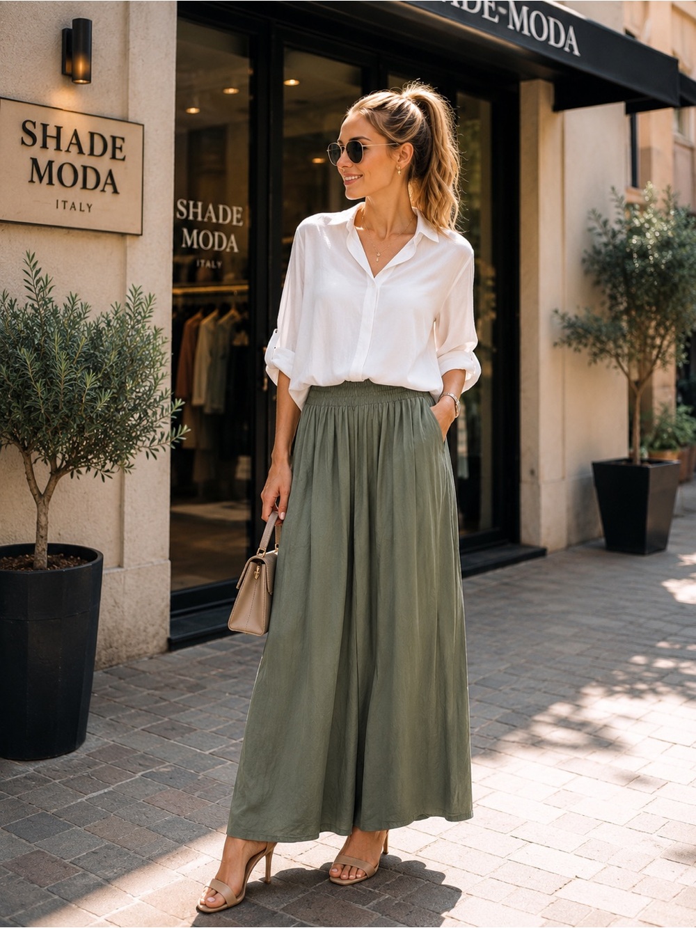 IT015 🇮🇹 Made in Italy Olive Green Wide Leg Palazzo Skirt Pants